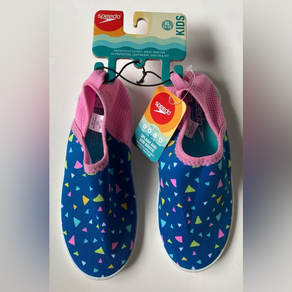 Speedo Kids Blue Swim Shoes with Pink Trim and Multicolor Triangle Print NWT
